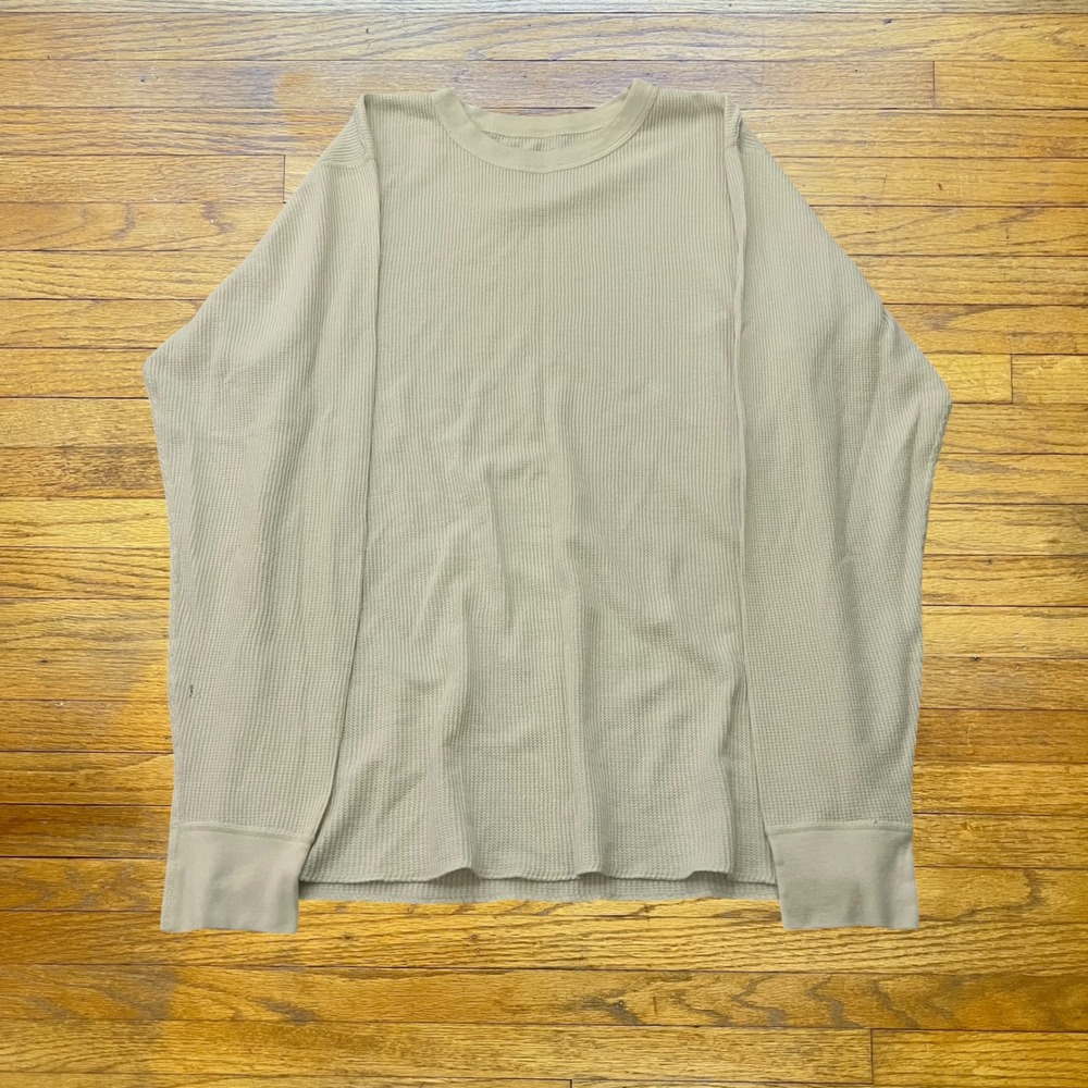 Mens Tan Beige Waffle Knit Thermal Long Sleeve Shirt Crewneck Base Layer Small